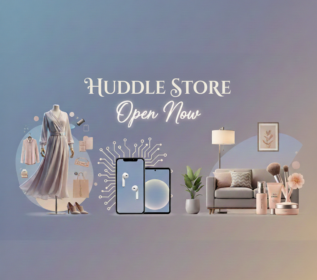 Advertisement for Huddle Store with lifestyle images of a dress, phone, and living room setup.