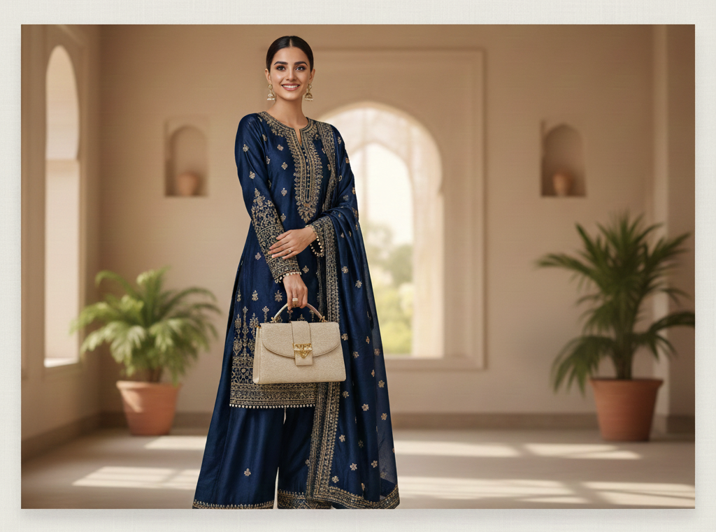 Woman in a blue embroidered traditional outfit holding a beige handbag in a sunlit room.